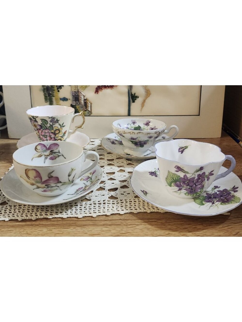 Purples & Pinks Mismatched China Tea Cups & Saucers 4 Sets